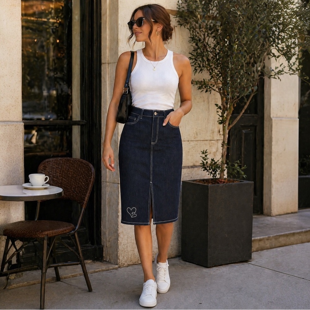 Three Hearts Blue Pencil Skirt Knee-Length Casual - Picture 1 of 7